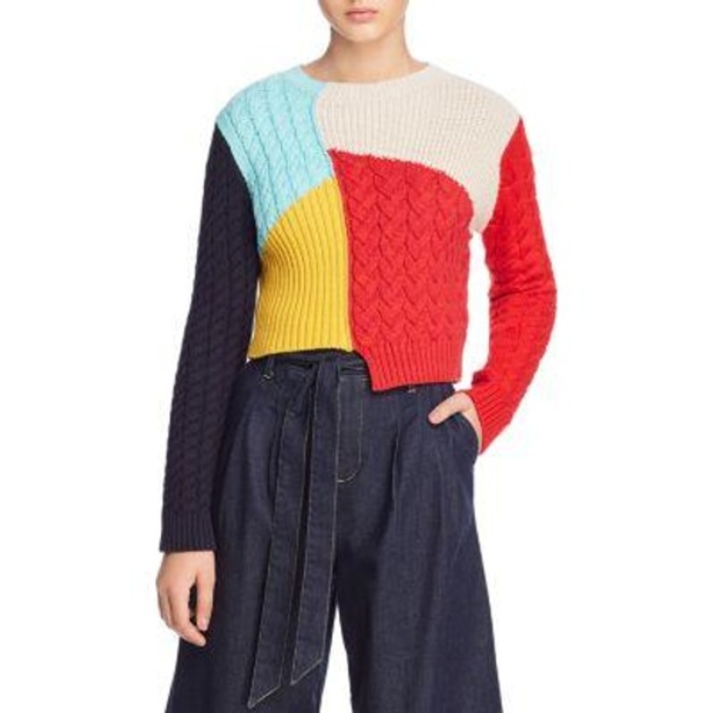 Alice + Olivia Colorblock Cable Knit Sweater Multi Color Asymmetric Size S